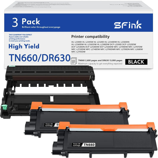 TN660 TN 630 DR630 Toner Cartridge Drum Unit Compatible for Brother TN 660 TN-630 DR630 Use for MFC-L2700DW MFC-L2740DW HL-L2380DW HL-L2340DW HL-L2360DW (2 Pack Black)