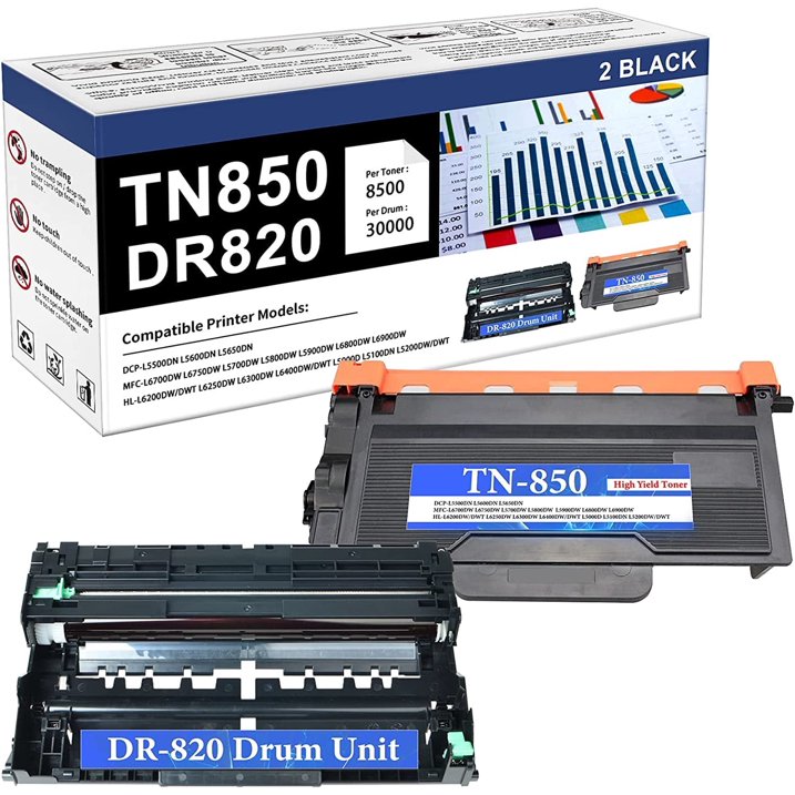 Compatible Toner & Drum Cartridge Replacement for Brother TN850 / DR820 (Toner 1-Black,Drum 1-Black)