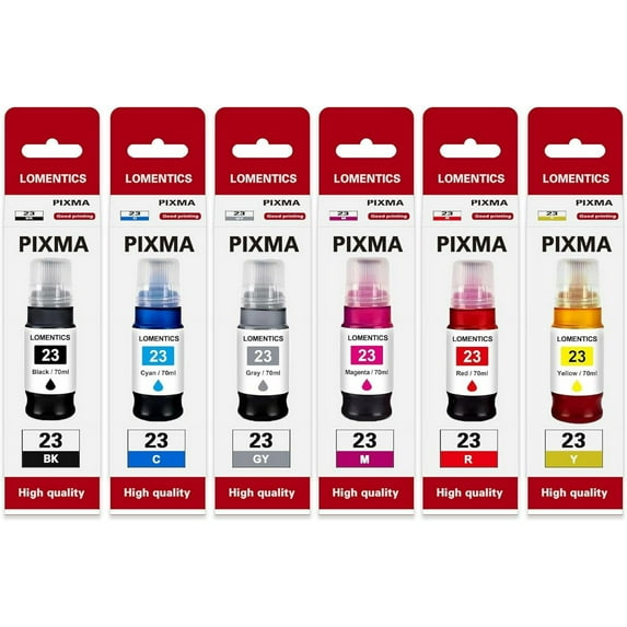 GI-23 Ink Bottles (6-Pack, Black Cyan Magenta Yellow Red Gray) - GI23 GI-23 Ink Refill Replacement for Canon PIXMA G620 G520 Printer