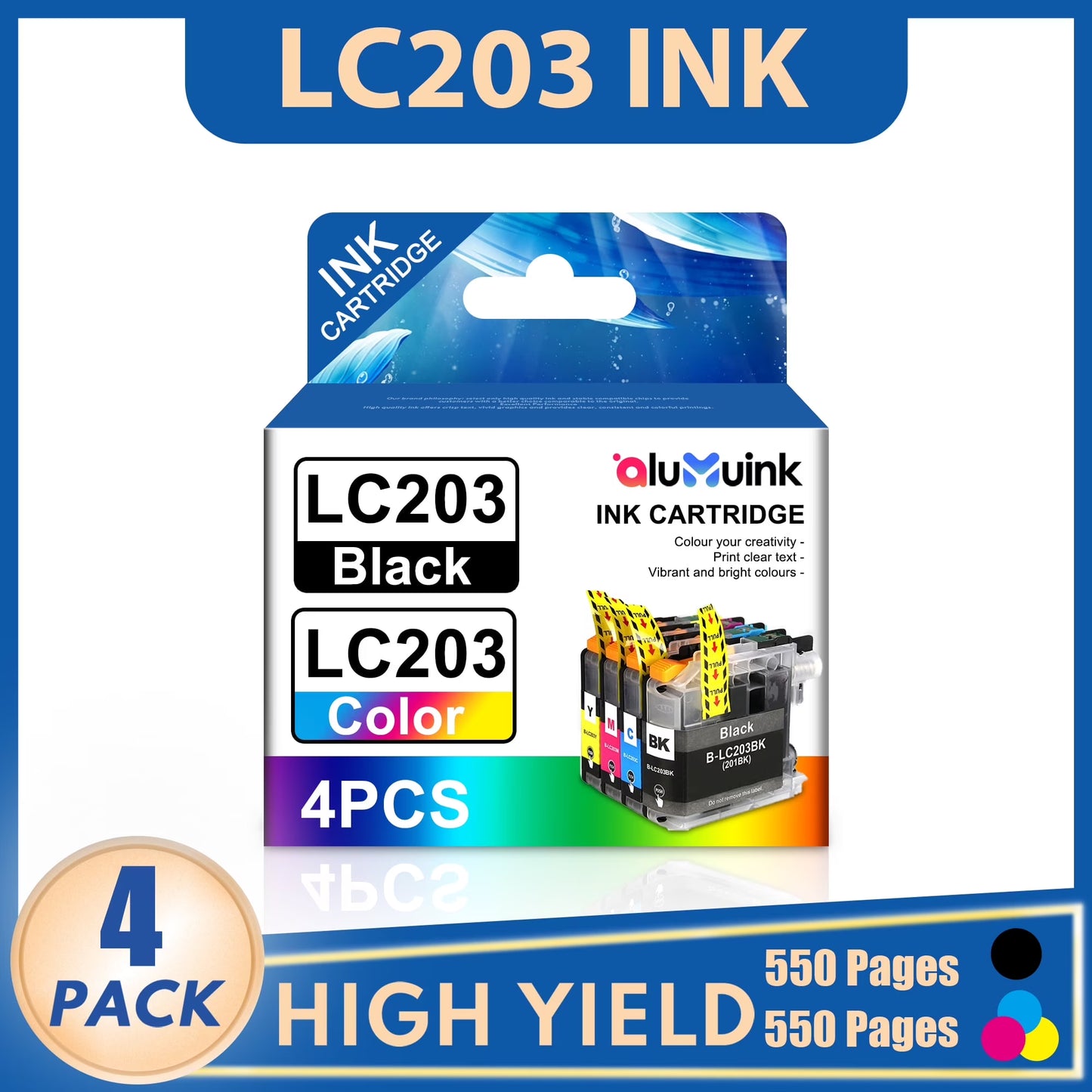 LC203 Ink cartridges Compatible for Brother LC203 ink for Brother MFC-4320DW MFC-J4420DW Printer (1 Black, 1 Cyan, 1 Magenta, 1 Yellow, 4 Pack)