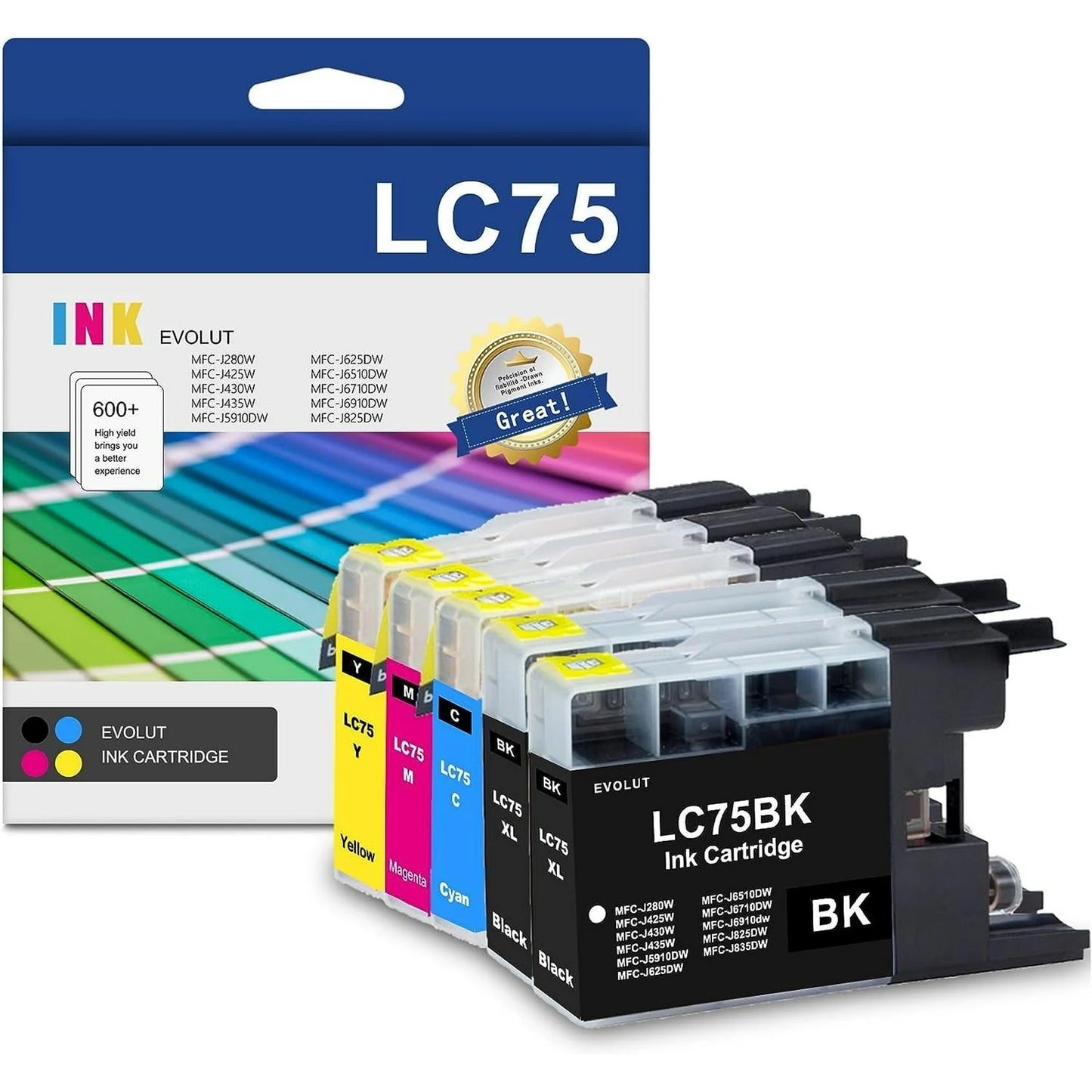 LC75 5-Pack (BK/C/M/Y) High Yield Ink Cartridge Replacement for Brother LC75 Mfc-J280W Printer
