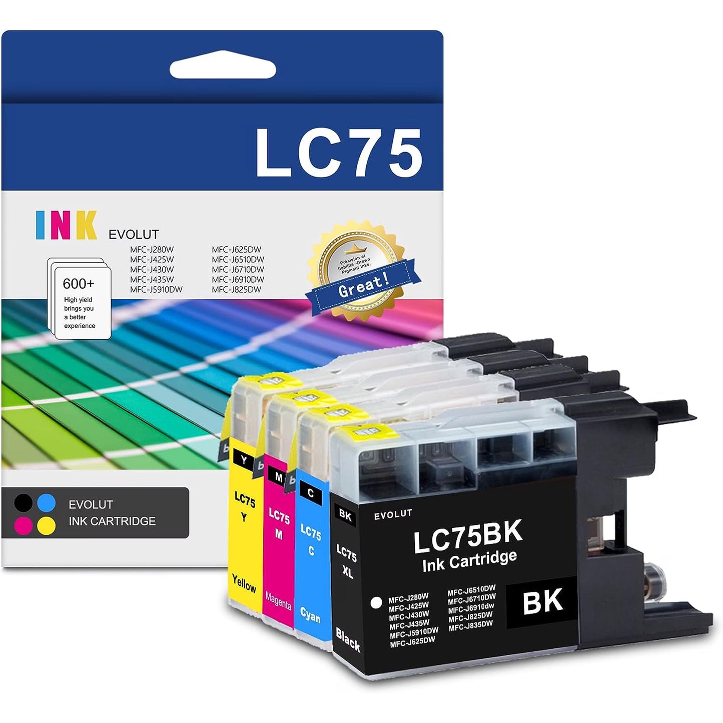 LC75 High Yield Ink Cartridge (4-Pack, 1BK/1C/1M/1Y) - LC75BK LC75C LC75M LC75Y Ink Cartridge Compatible for Brother LC75 MFC-J280W MFC-J425W MFC-J430w MFC-J435W Printer