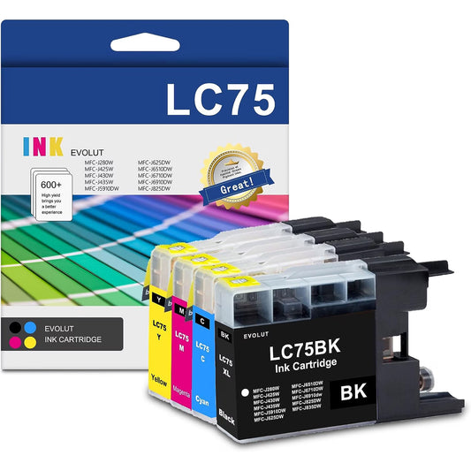 LC75 High Yield Ink Cartridge (4-Pack, 1BK/1C/1M/1Y) - LC75BK LC75C LC75M LC75Y Ink Cartridge Compatible for Brother LC75 MFC-J280W MFC-J425W MFC-J430w MFC-J435W Printer
