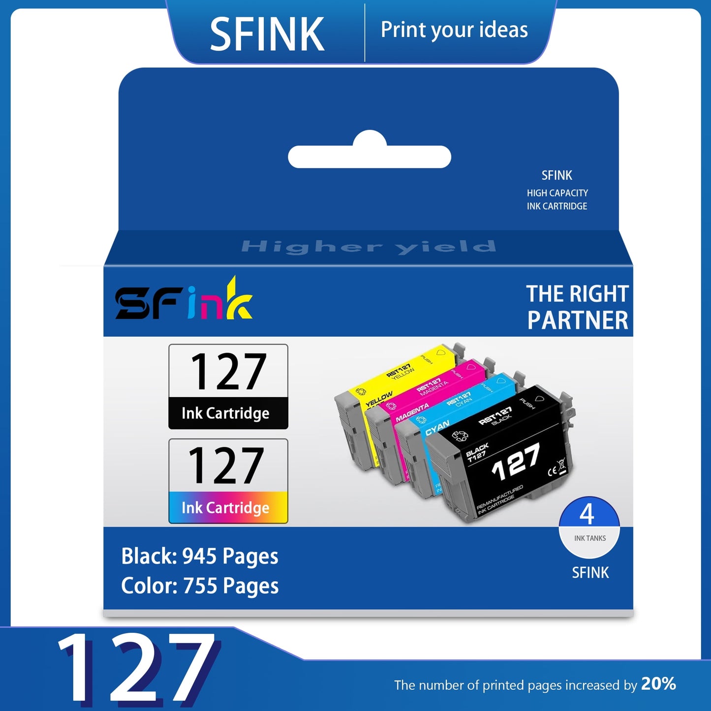 T127 127 Ink Cartridge Replacement for Epson 127 Ink Cartridges for Epson Workforce WF-840 845, WF-7010 7510, WF-60 630, WF-645,WF-3520 3530 3540, WF-545,NX-530 625 (Black,Cyan,Magenta,Yellow,4-Pack)
