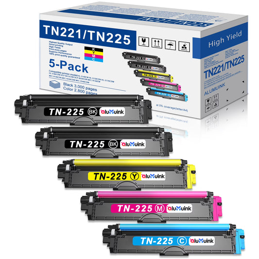 TN221BK TN221C TN221M TN221Y 5-Color Toner Cartridge: Replacement for Brother MFC-9340CDW MFC-9130CW Printer (2BK+1C+1M+1Y)