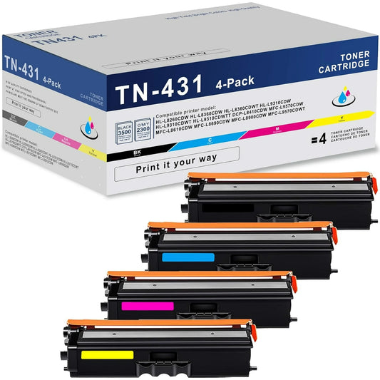 TN431 Toner Cartridge 4PK Replacement for Brother TN-431 Toner for HL-L8360CDW MFC-L8900CDW Printer