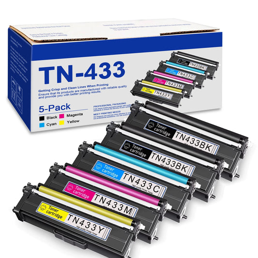 TN433 5 Pack High Yield Toner Cartridge Replacement for Brother TN433 Ink MFC-L9570CDWT Printer (2Black /1Cyan/ 1Yellow /1Magenta)