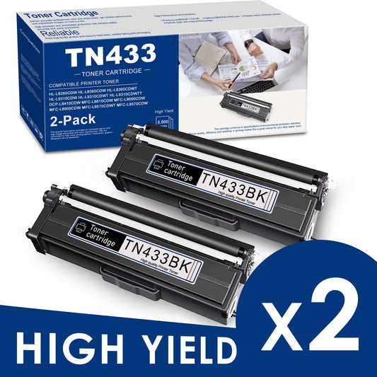 TN433 Black High Yield Toner Cartridge Replacement for Brother TN433BK HL-L8360CDW Printer - 2 Pack