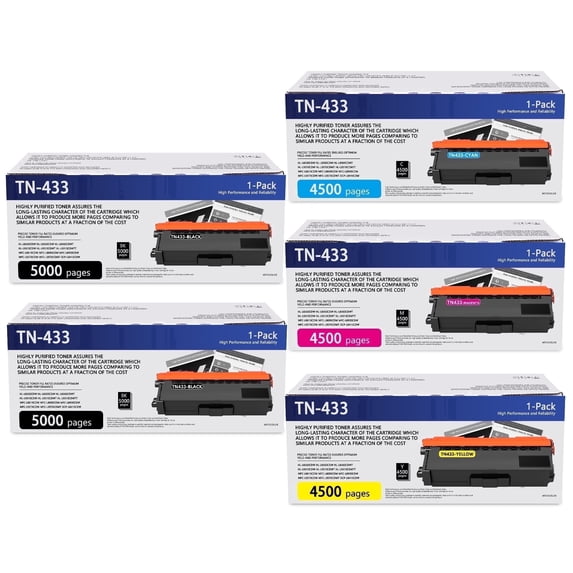 TN433 Toner Cartridge 5 Pack High Yield Compatible for Brother TN433BK TN 433 TN431BK TN431 TN 431 for HL-L9310CDWT MFC-L9570CDW DCP-L8410CDW Printer