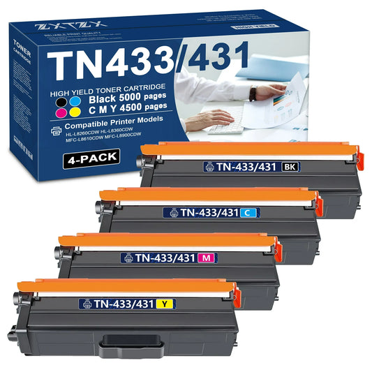 TN433 Toner Compatible for Brother TN433 TN431 Toner Cartridges for L8260CDWT L8610CDW Printer 4-Pack (Black Cyan Magenta Yellow)