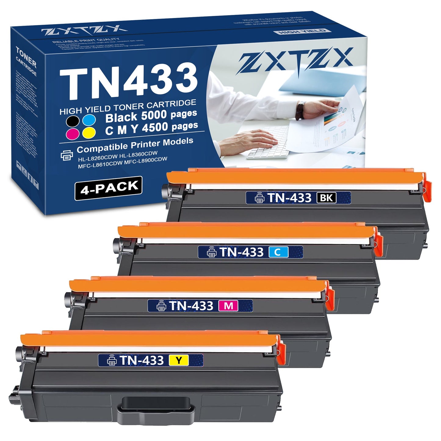 TN433 Toner Compatible for Brother TN433 Toner Cartridges for L8260CDWT L8900CDW Printer 4-Pack (Black Cyan Magenta Yellow)