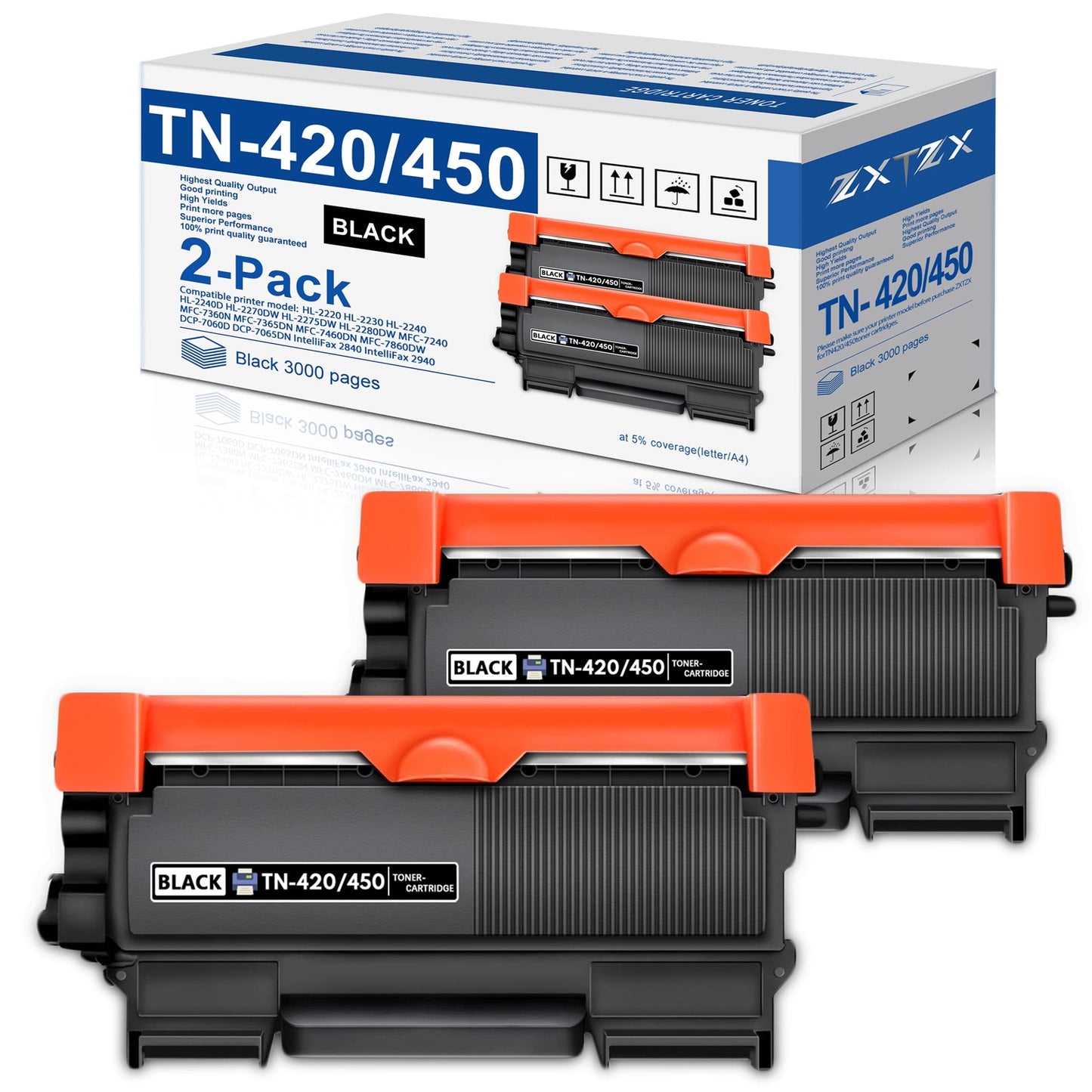TN450 TN420 Black 2-Pack Toner Cartridge Compatible for Brother TN450 TN420