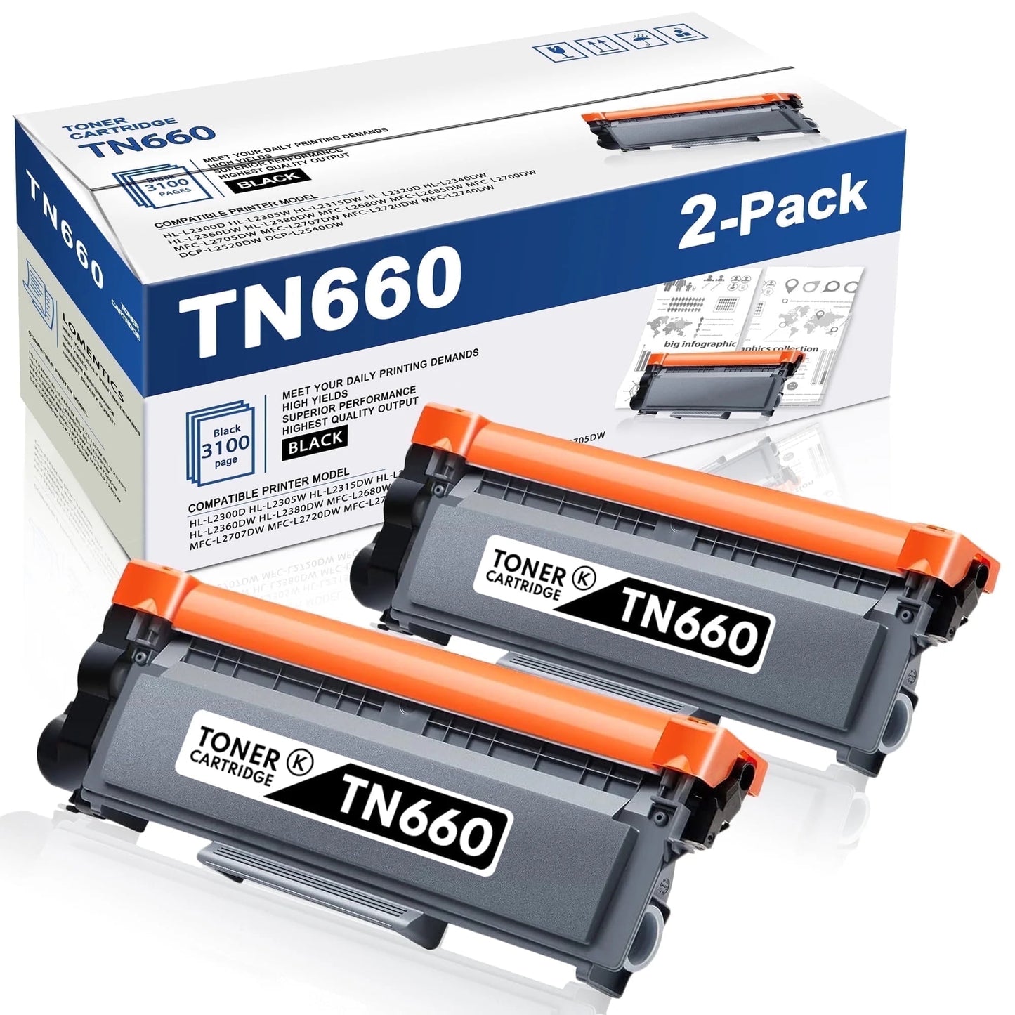 TN660 Toner Cartridge 2 Pack Black Replacement for Brother TN660 TN630 TN 660 TN 630 TN-660 TN-630 Toner Cartridge for DCP-L2520DW DCP-L2540DW HL-L2320D MFC-L2705DW Printer