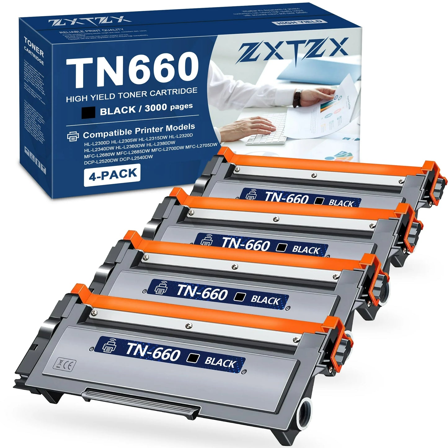 TN660 Toner Cartridge Black High Yield Compatible for Brother TN660 TN-660 for Brother MFC-L2740DW HL-L2300D HL-L2305W HL-L2320D HL-L2380DW Printer (4-Pack )