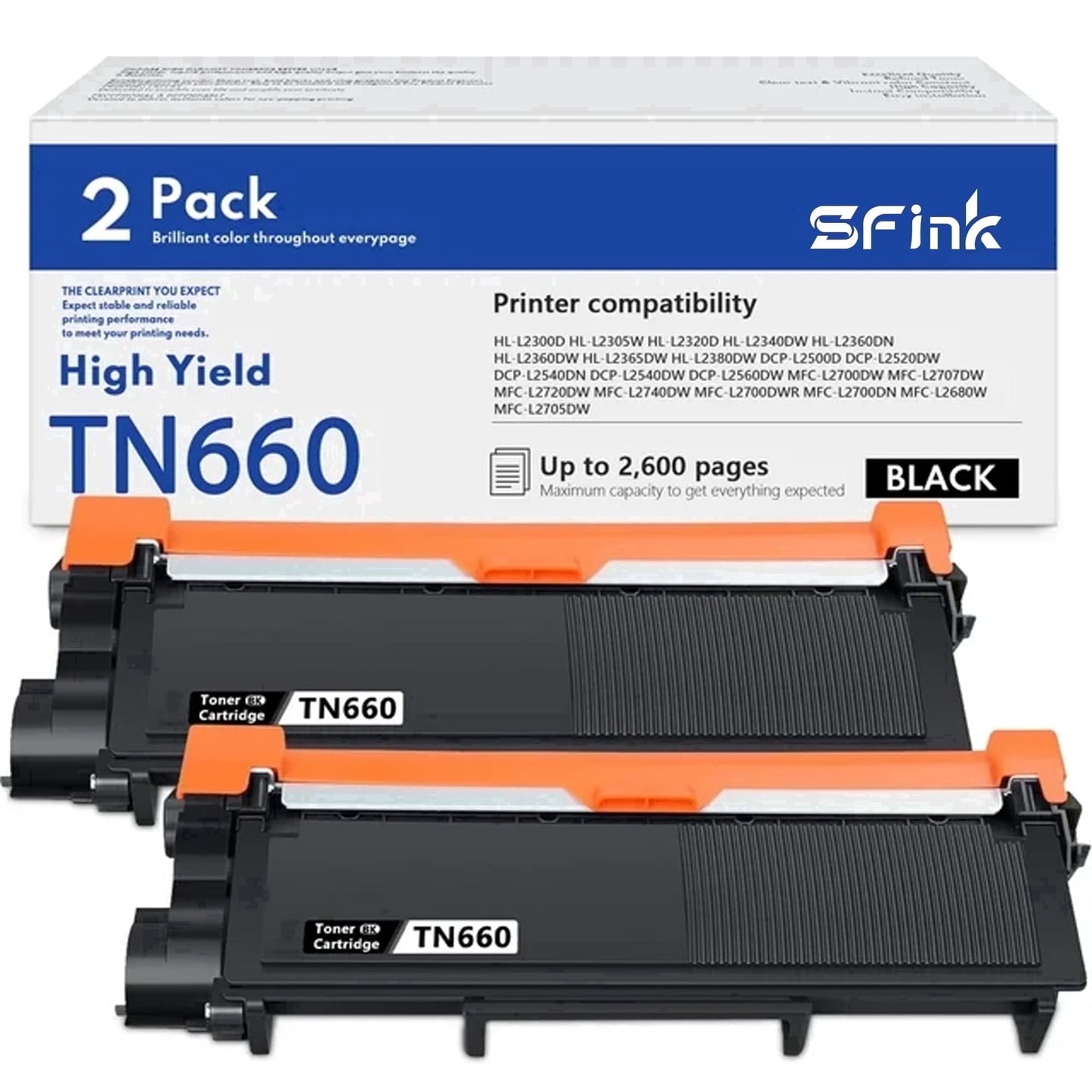 TN660 Toner Cartridge 2-Pack Black Compatible for Brother TN 660 TN 630 TN-660 TN-630 TN630 for HL-2340DW 2320D DCP-L2540DW MFC-L2705DW Printer Ink