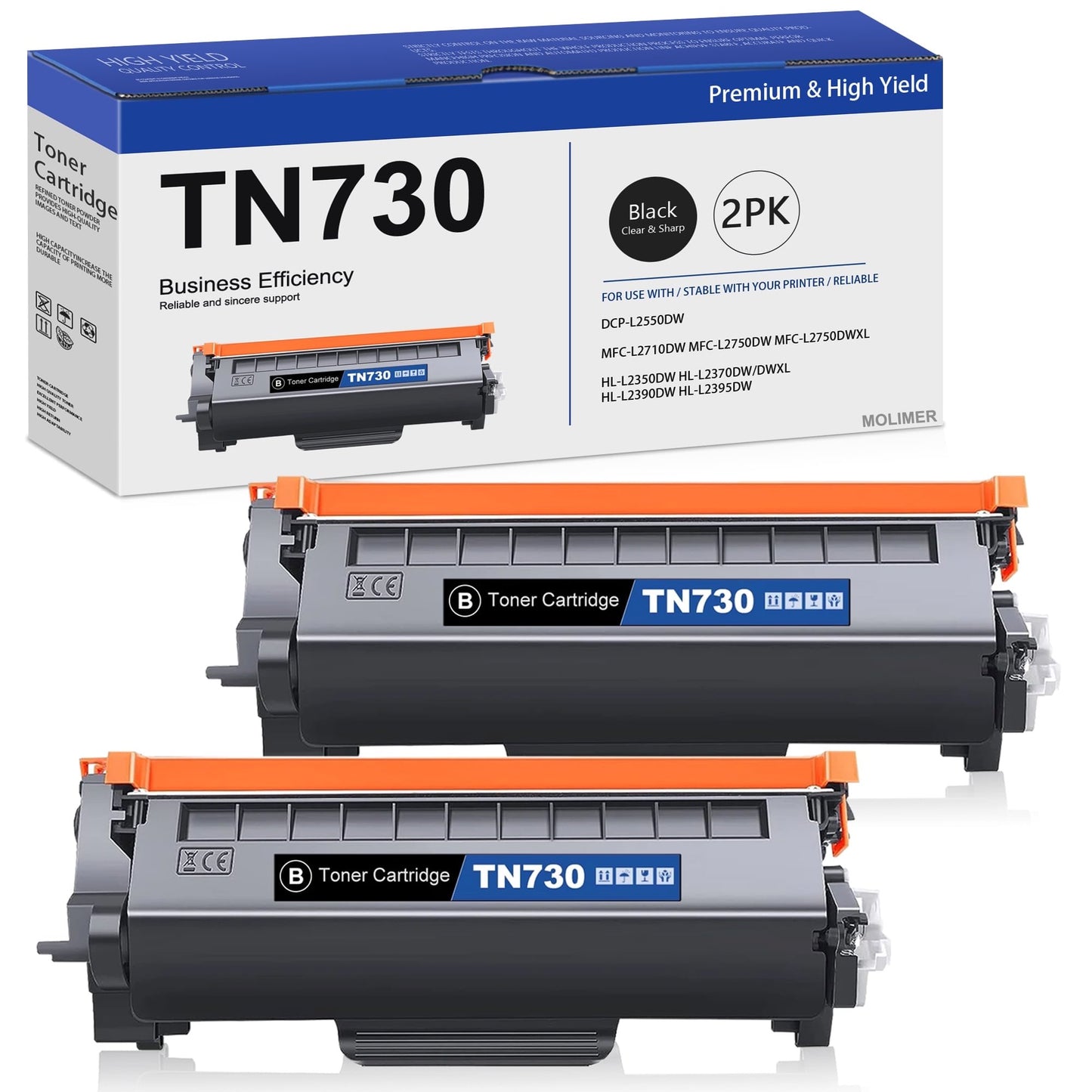 TN730 Toner Cartridge High Yield Replacement for Brother HL-2220 HL‐L2350DW HL-2230 HL-2240 MFC-7240 MFC-7360N Printer, Black 2 Pack