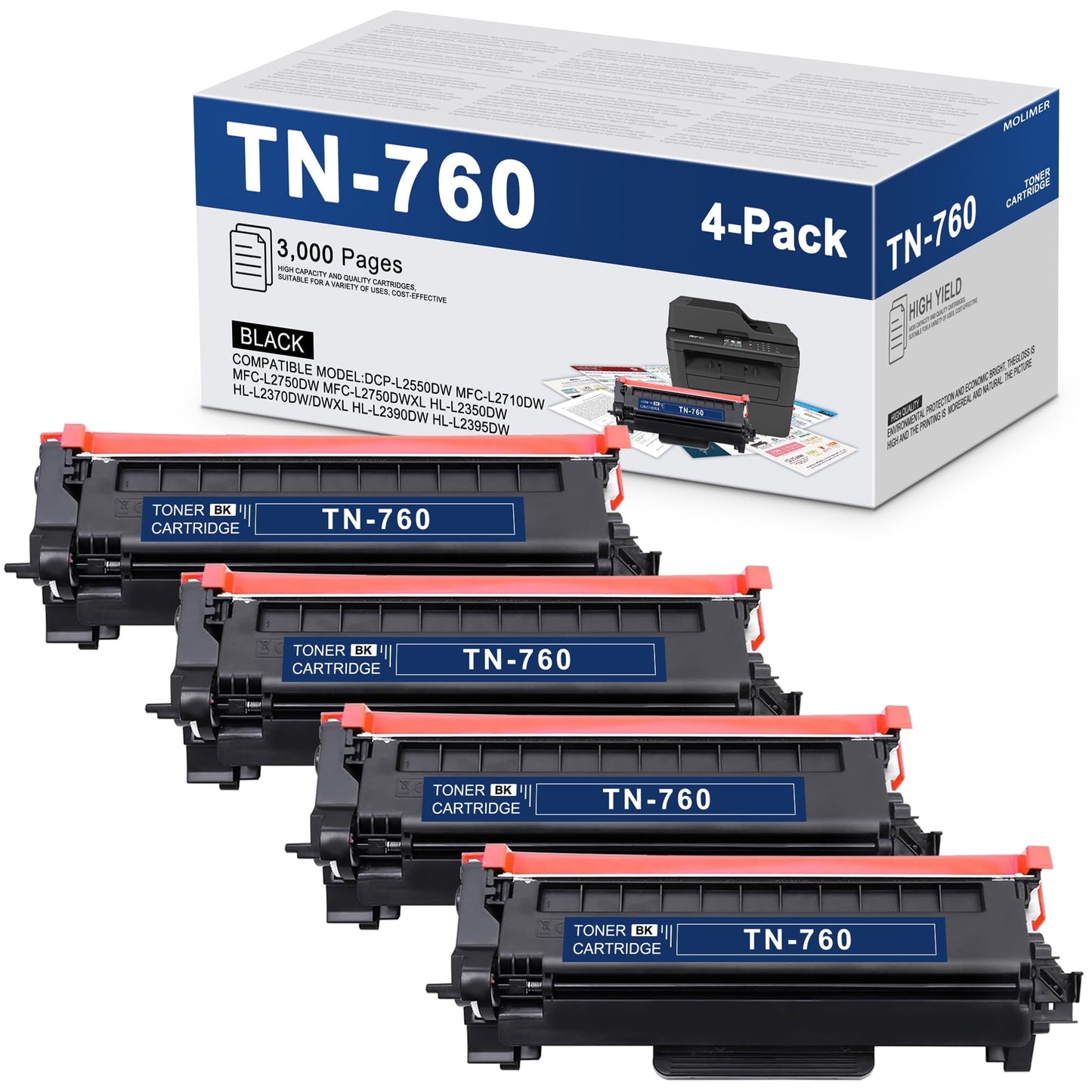 TN760 High Yield Toner Cartridge Compatible Replacement for Brother TN760 TN730 for MFC-L2690DW MFC-L2710DW HL-L2370DW DCP-L2550DW Printer Toner Cartridges(Blalck 4 Pack)