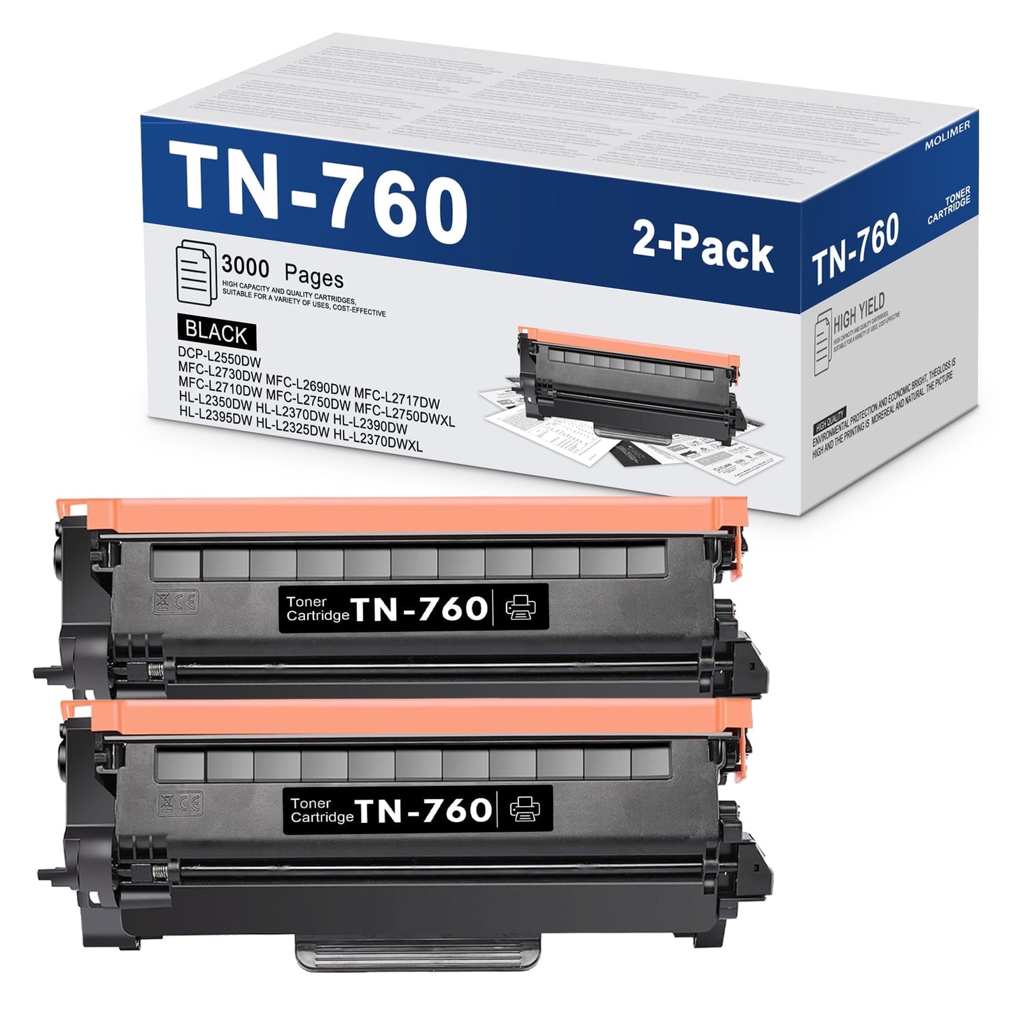TN760 TN730 Toner Cartridge: Compatible 2 Pack Black Toner Replacement for Brother HL-L2350DW L2395DW L2390DW MFC-L2710DW L2750DW Printer | High Yield