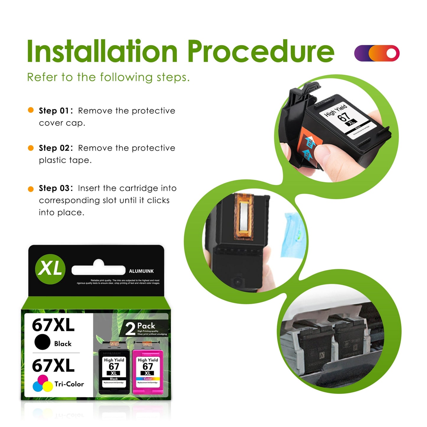 67XL Ink Cartridge Black/Tri-Color Compatible for HP 67 Ink Cartridges for DeskJet 2700 2755e 2800 2855e 4155e 4255e 2755 2852e Envy 6000 6055e 6455e Printer (2-Pack)