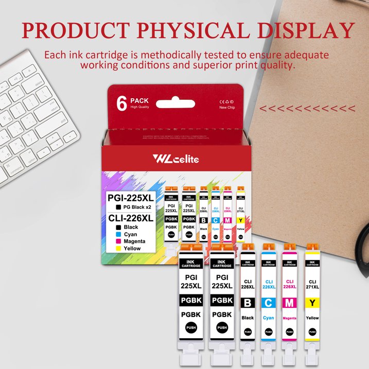 225 226 Ink Cartridges Replacement for Canon PGI-225 CLI-226 6 Pack Ink Cartridge for iX6520 MG5120 Printer（2*PGBK 1*BK 1*C 1*M 1*Y ）