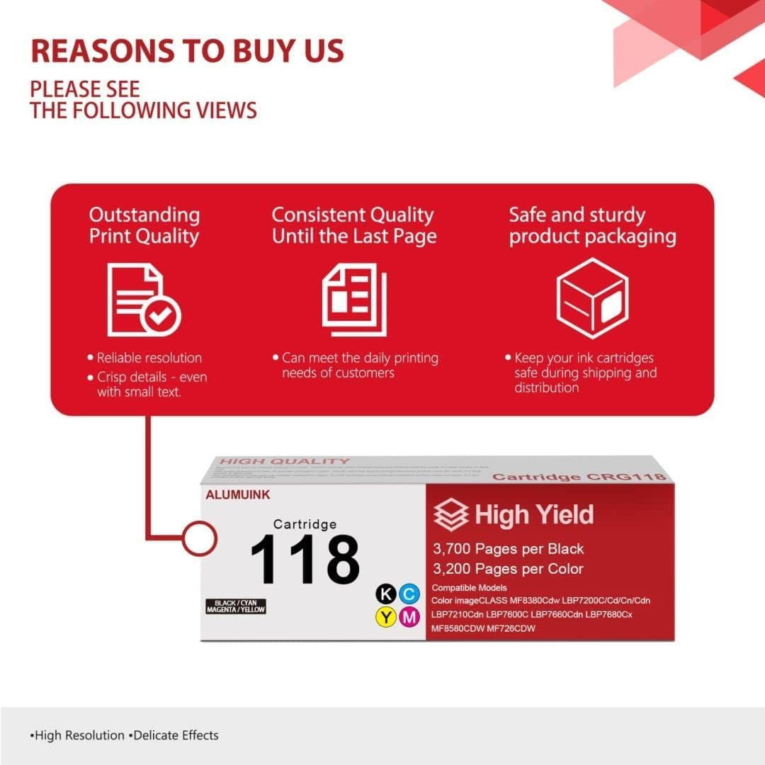 High-Yield 118 Toner Cartridges (4-Pack, Black, Cyan, Magenta, Yellow) - VASERINK Compatible 118BK 118C 118M 118Y Toner Replacement for Canon Color imageCLASS MF8350Cdn MF8380Cdw Printe