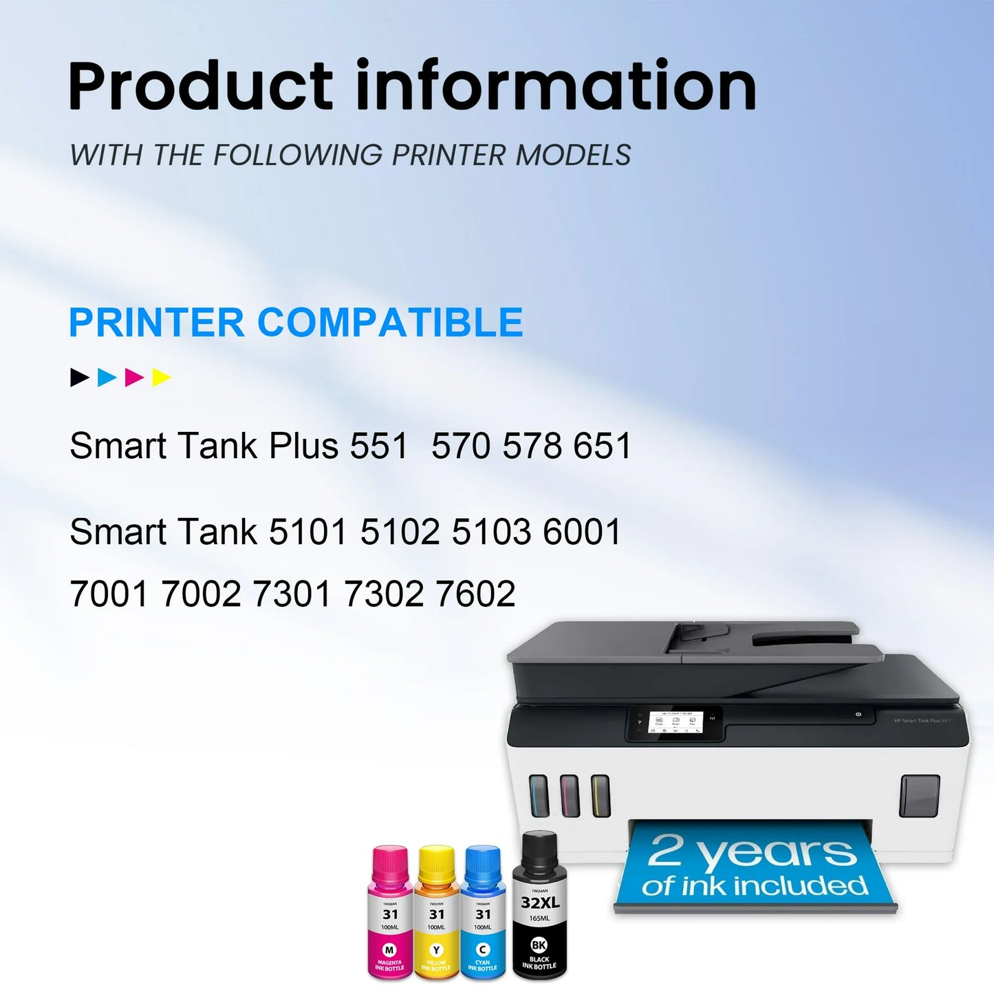 31 Ink 32XL Black Ink Bottle Set Compatible for HP 31 32 XL Ink Bottle Set for Smart Tank 651 5102 7002 Printers