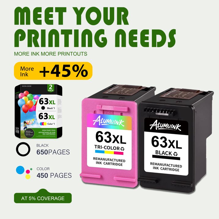 63XL 63 Ink Cartridges Compatible for HP 63XL Ink Cartridge 5255 4512 Printer Ink 2-Pack