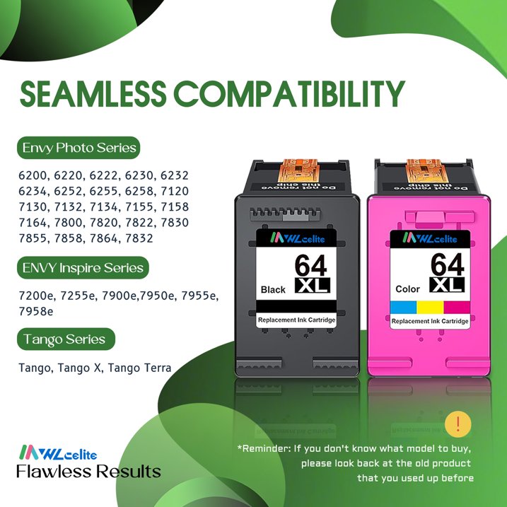 64 Ink Compatible for HP 64XL Ink Cartridge For Envy Inspire 7255e 7258e 7955e 7958e (Black, Tri-color, 2-Pack)